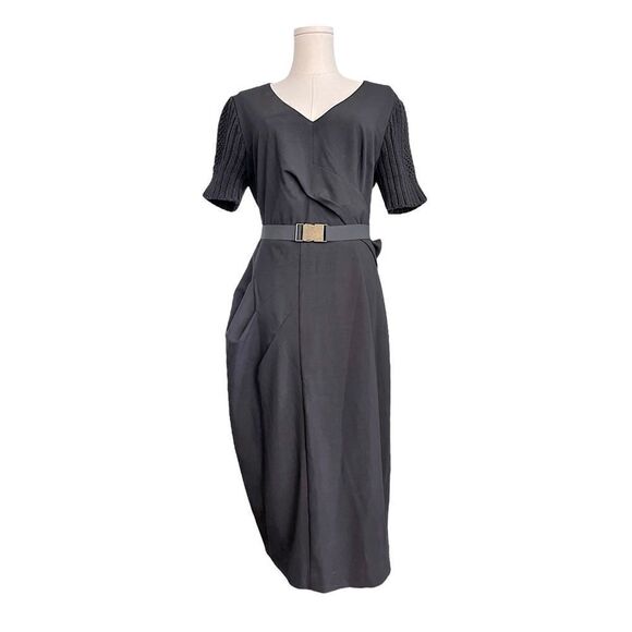 NUE BY SHANI Knit sleeve belted asymmetric Midi in Black Size 12 - Picture 1 of 10